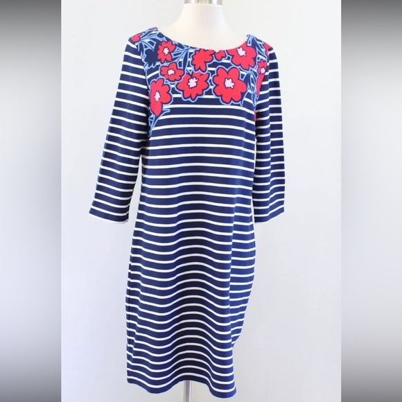 NWT Talbots Navy Stripes and Flowers Shift Dress 3/4 Sleeve Cotton MP​​​ - Picture 3 of 7